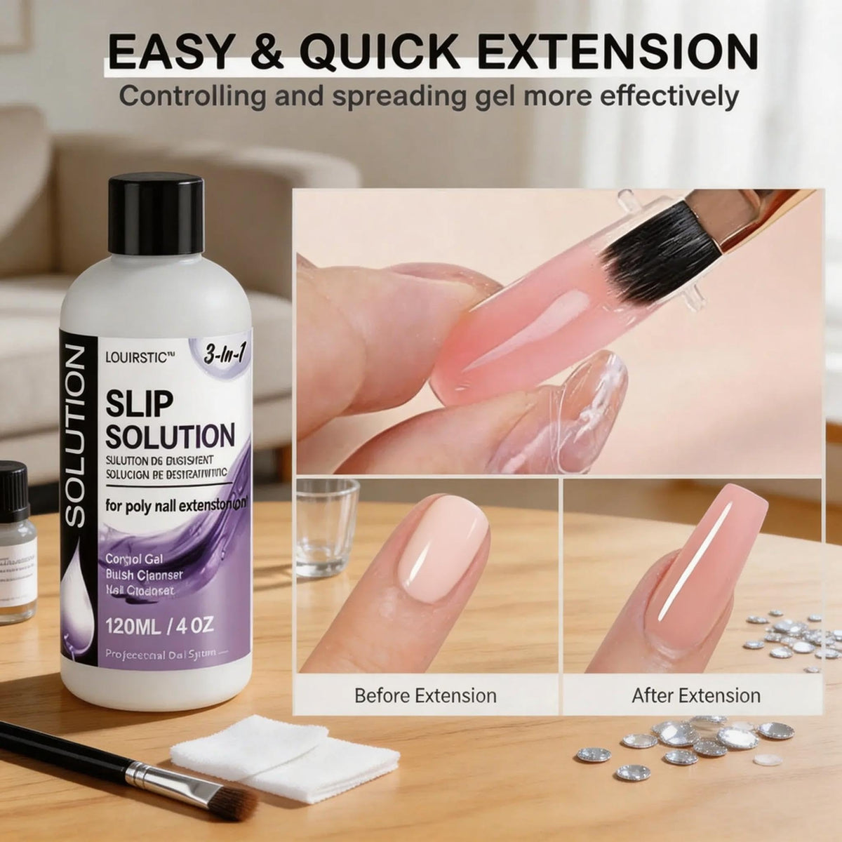 LOUINSTIC dual-ended brush next to bottle, tool care and precise shaping benefit
