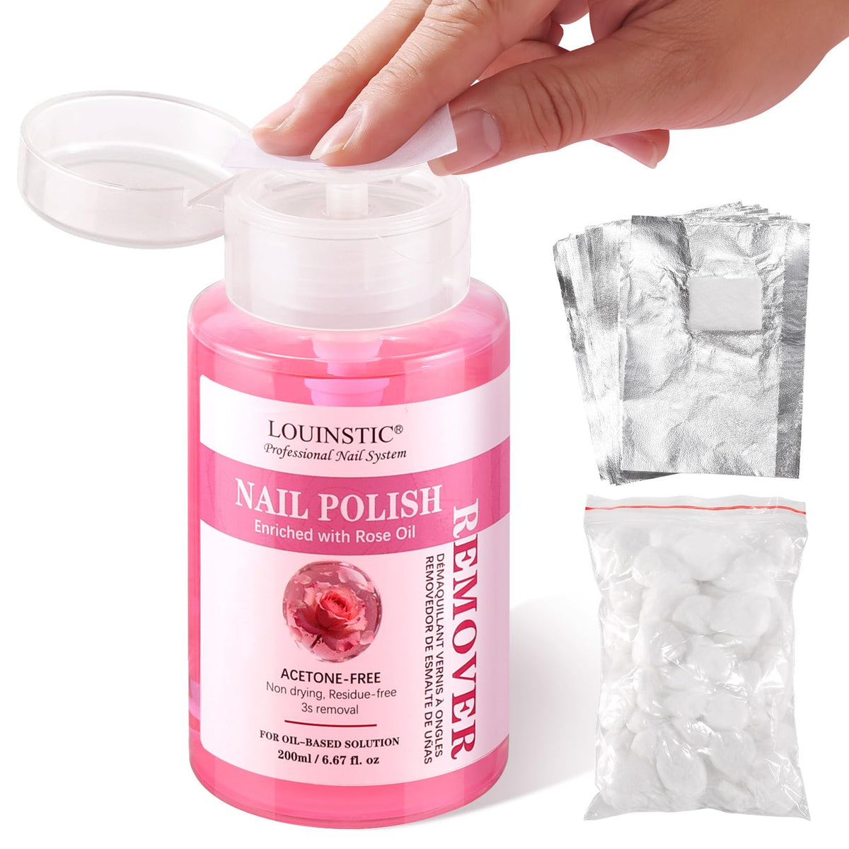 LOUINSTIC front bottle with pump showing tidy dispensing and quick application benefit