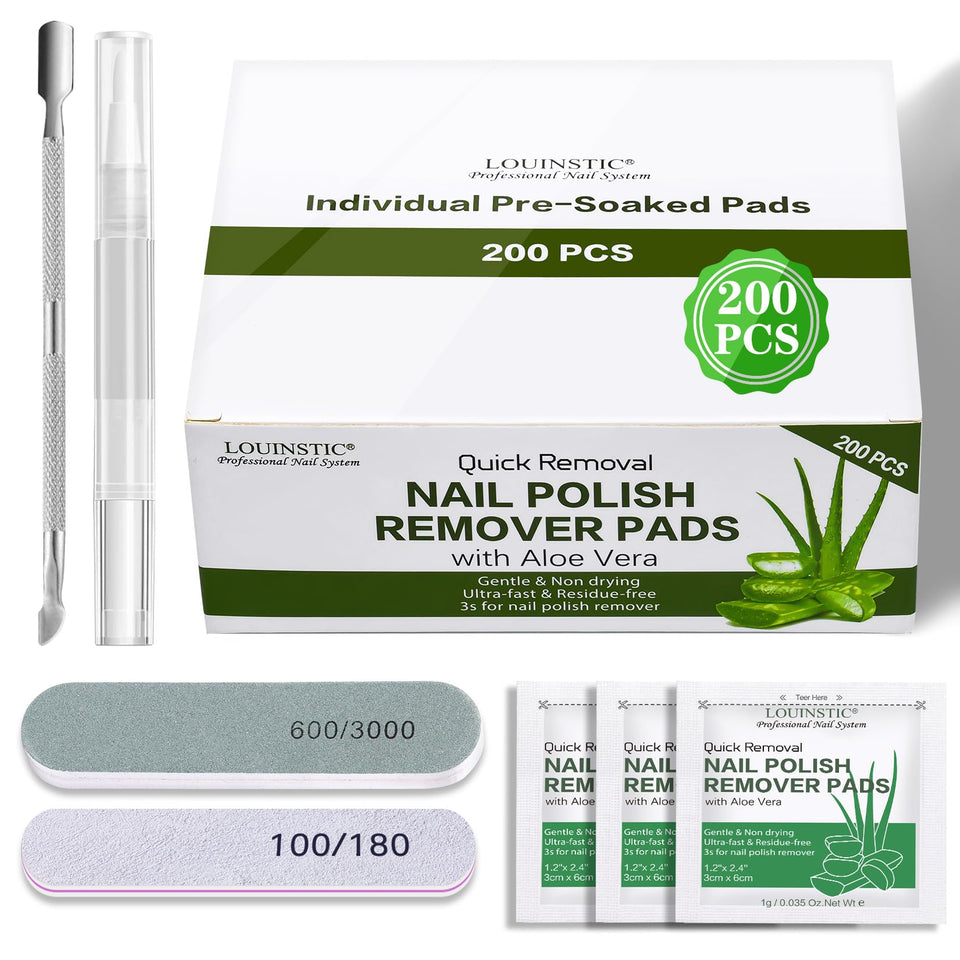 LOUINSTIC front packaging showing 200 pads and tool kit, easy storage benefit