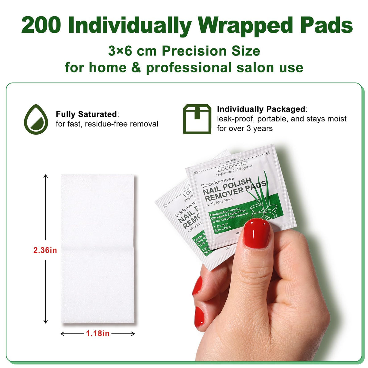 LOUINSTIC individually wrapped remover pad closeup, hygienic single‑use advantage