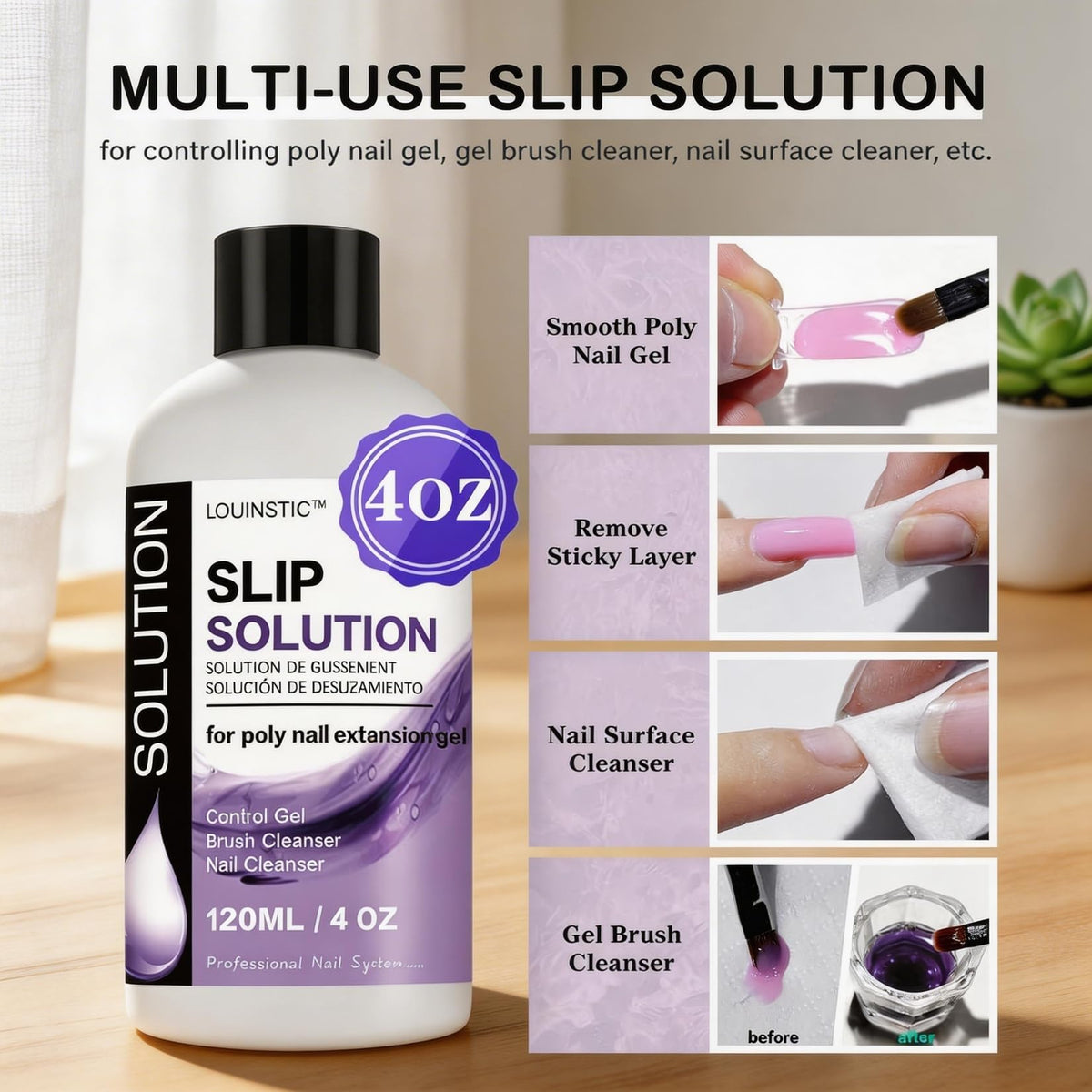LOUINSTIC lint-free pads and glass cup with bottle, tidy clean-up and convenience benefit