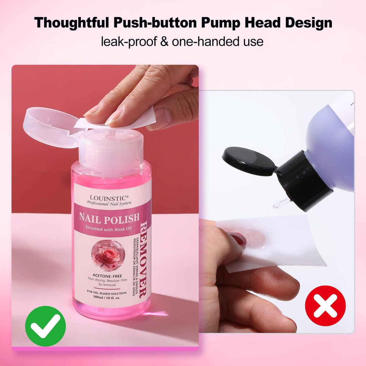 LOUINSTIC pump dispensing remover onto cotton pad for fast, mess-free application