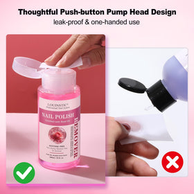 LOUINSTIC pump dispensing remover onto cotton pad for fast, mess-free application