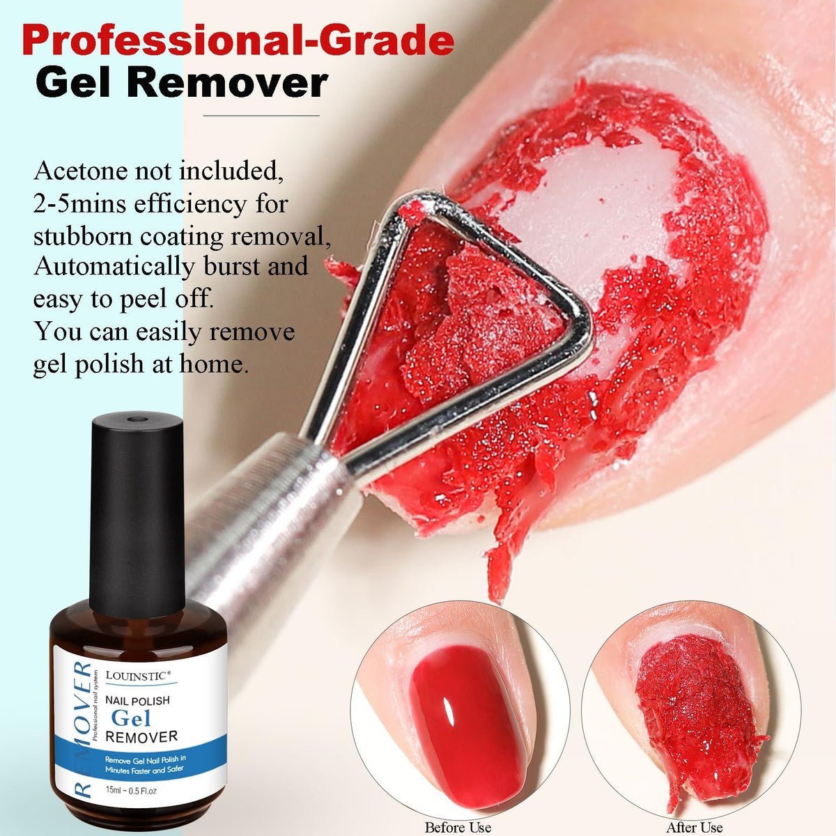 LOUINSTIC scraper removing softened gel to reveal protected healthy nail