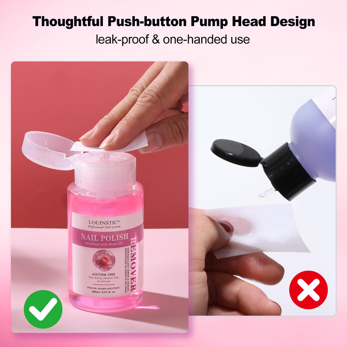 Droplet of LOUINSTIC remover on fingertip showing smooth texture and fast action