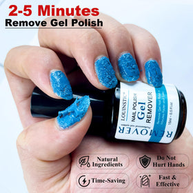 LOUINSTIC two 15ml gel remover bottles closeup, concentrated formula benefit