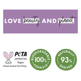 Love Beauty and Planet bottle on bathroom shelf creating calm routine scene