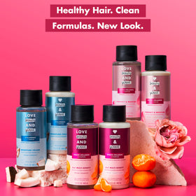 Love Beauty And Planet conditioner on bathroom shelf with styling tools for everyday use