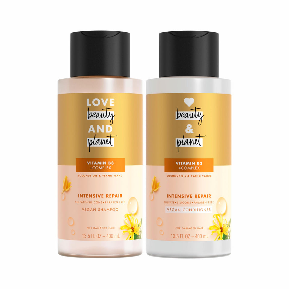 Love Beauty and Planet front packaging showing coconut and ylang ylang, highlights recycled bottles benefit