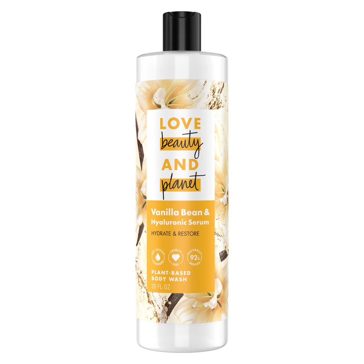 Love Beauty And Planet front packaging showing 20 oz bottle and vanilla scent benefit