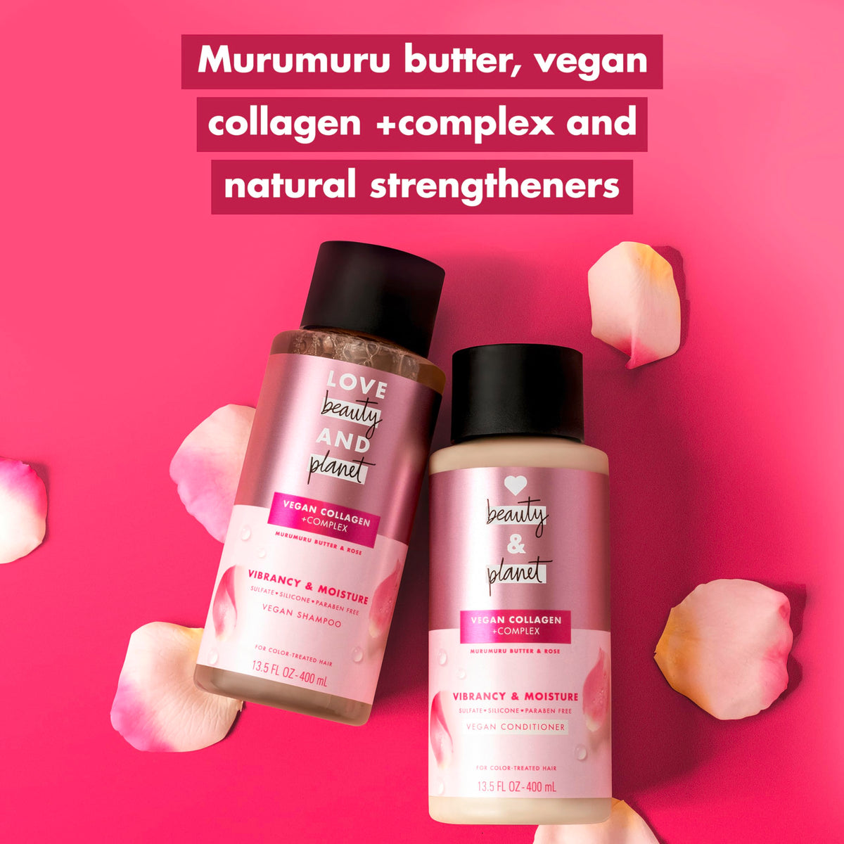 Love Beauty And Planet ingredients display with rose and murumuru butter for nourishment