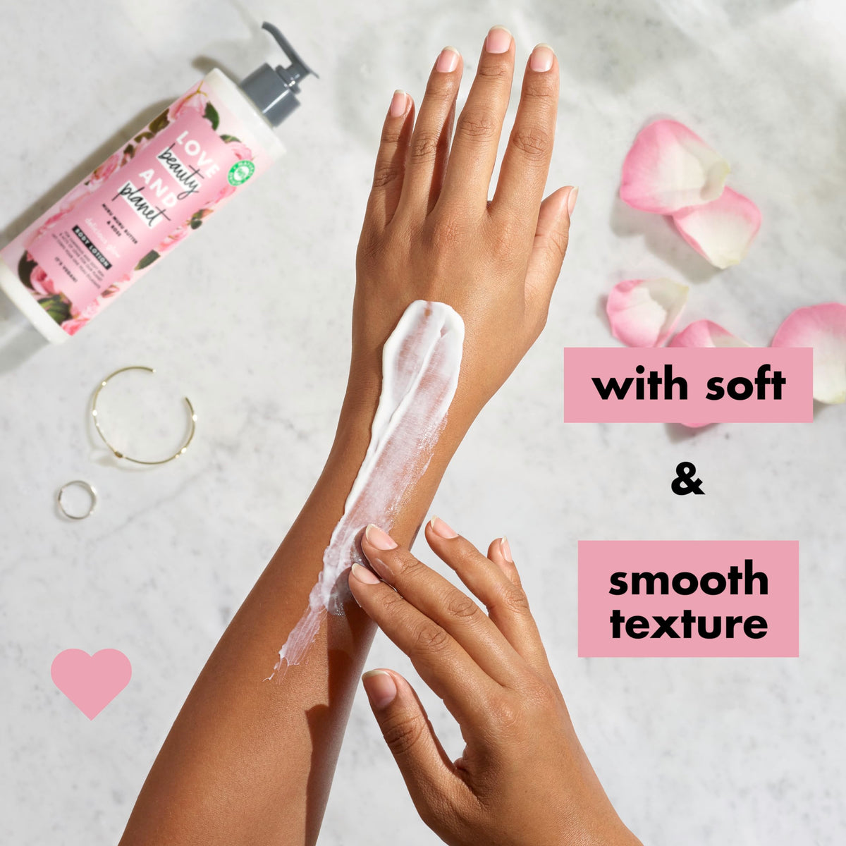 Love Beauty and Planet lotion droplet on hand demonstrating quick absorption