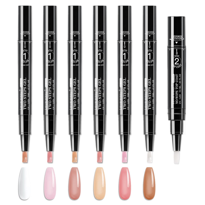 Love easy front packaging showing six nude pens and top coat, compact travel-ready kit