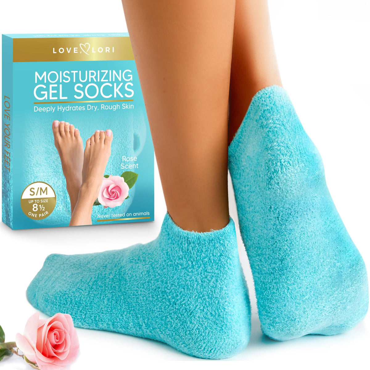 LOVE LORI front packaging showing reusable silicone moisturizing socks and benefits
