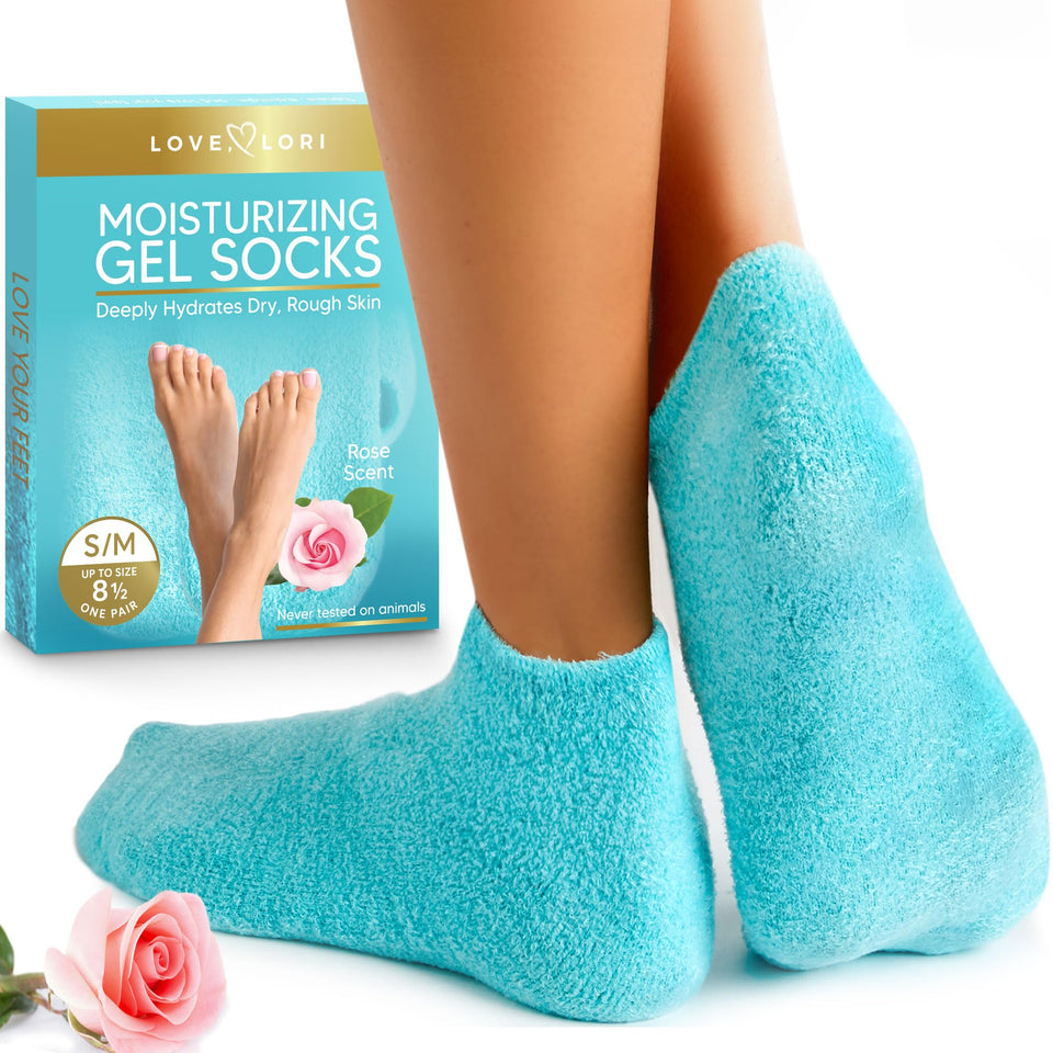 LOVE LORI front packaging showing reusable silicone moisturizing socks and benefits