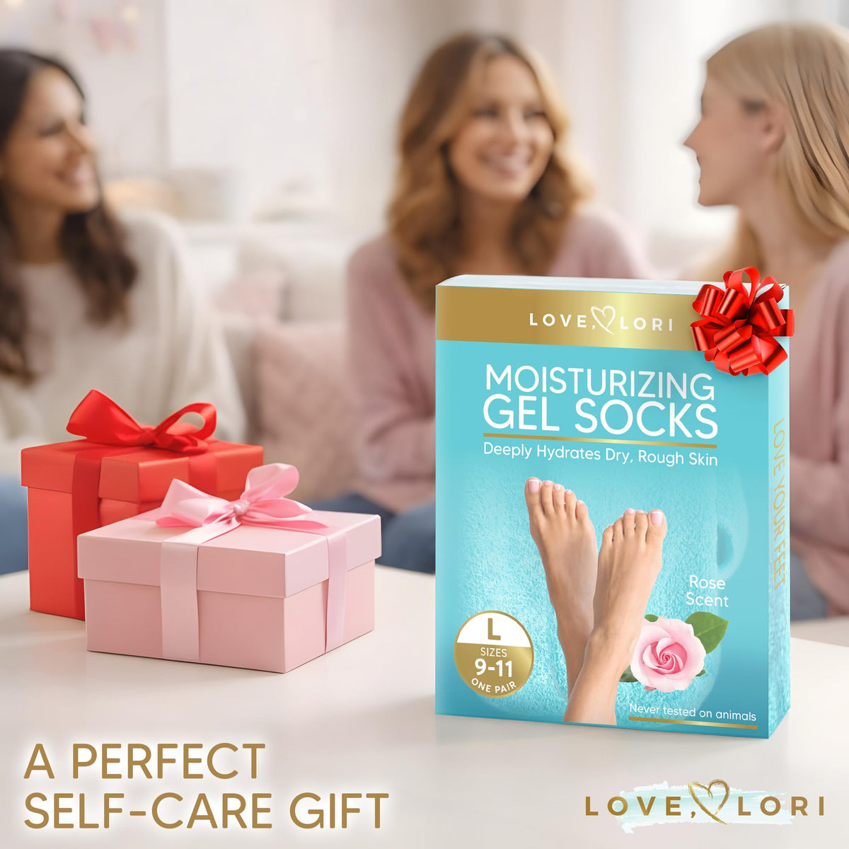 LOVE, LORI socks worn on feet showing comfort and hydration