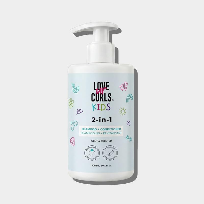 Love Ur Curls front bottle showing Soft Cuddles scent and benefit of time-saving 2-in-1