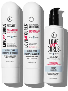 Love Ur Curls front packaging showing full fragrance-free 3-step set and benefits