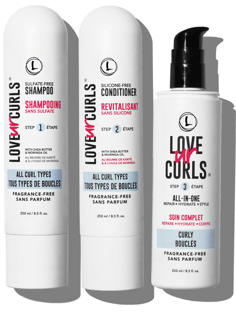 Love Ur Curls front packaging showing full fragrance-free 3-step set and benefits