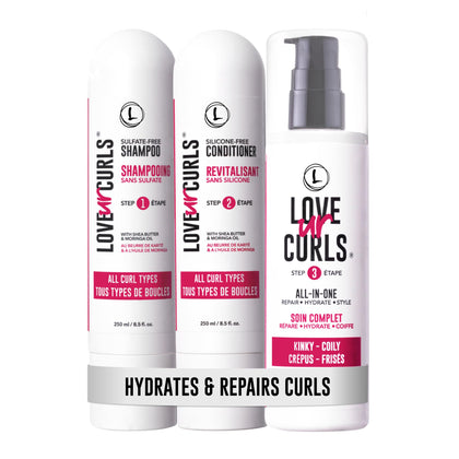 Love Ur Curls front packaging set showing trio for 4A–4C curls and easy routine