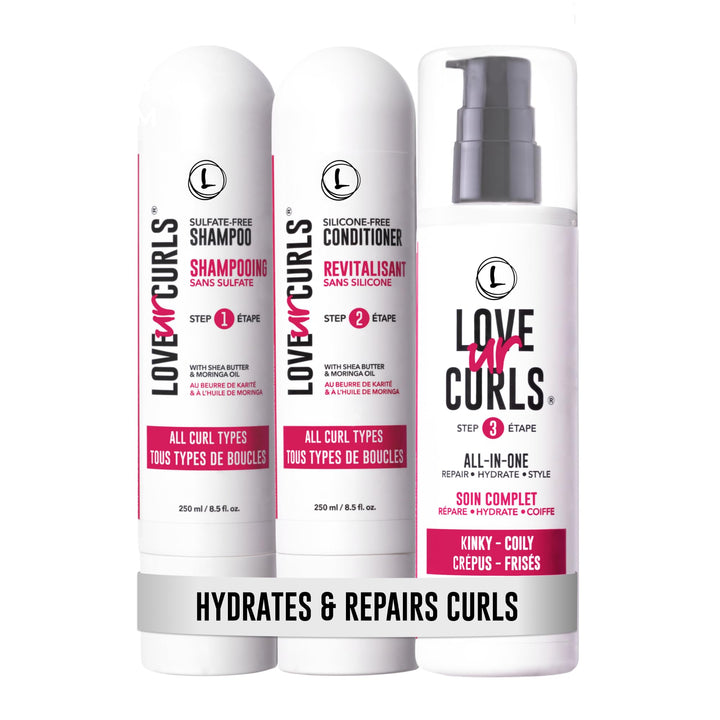 Love Ur Curls front packaging set showing trio for 4A–4C curls and easy routine
