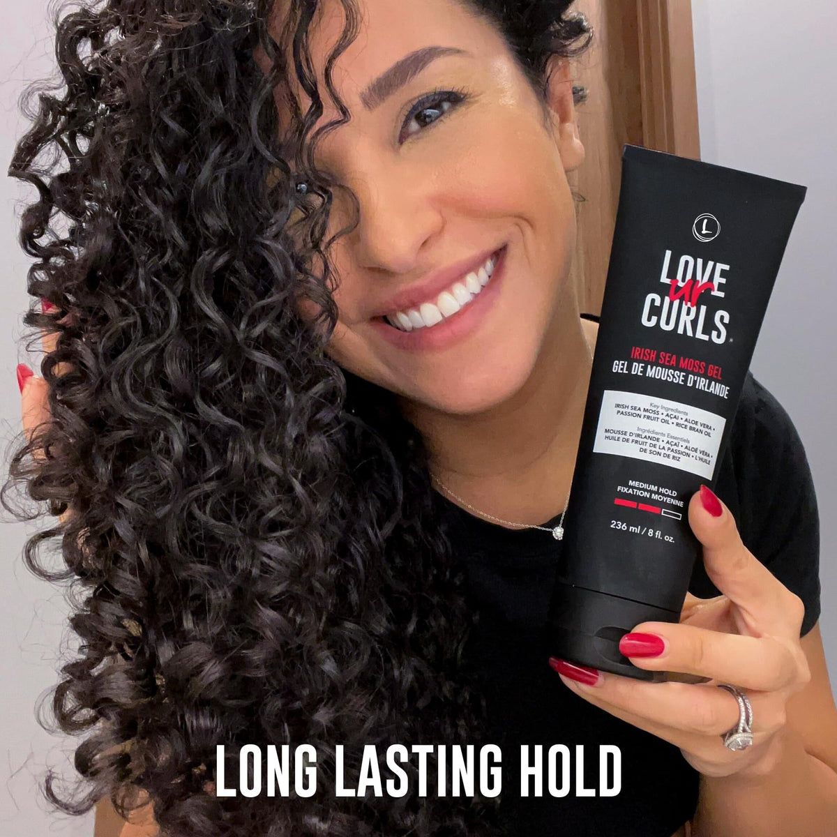 Love Ur Curls label close-up showing Irish sea moss and oil complex benefits