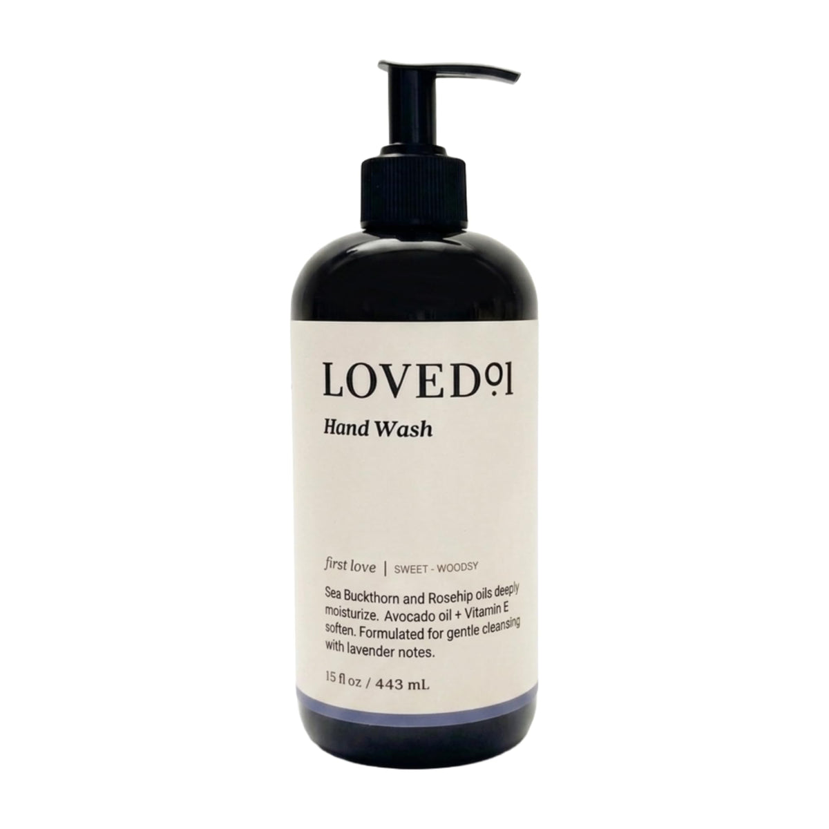 Loved01 front pump bottle showing label and lavender scent benefit