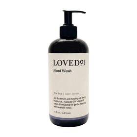 Loved01 front pump bottle showing label and lavender scent benefit