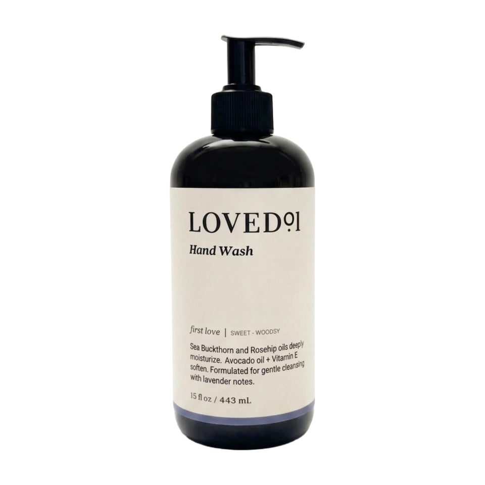 Loved01 front pump bottle showing label and lavender scent benefit