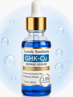 Lovely Southern front packaging showing 1 oz copper peptide bottle and label benefits