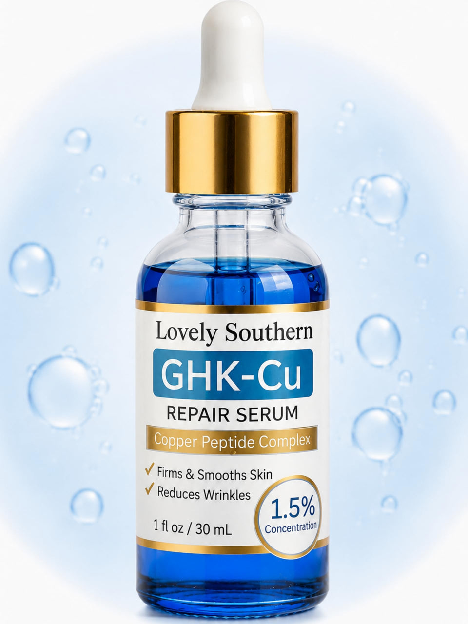 Lovely Southern front packaging showing 1 oz copper peptide bottle and label benefits