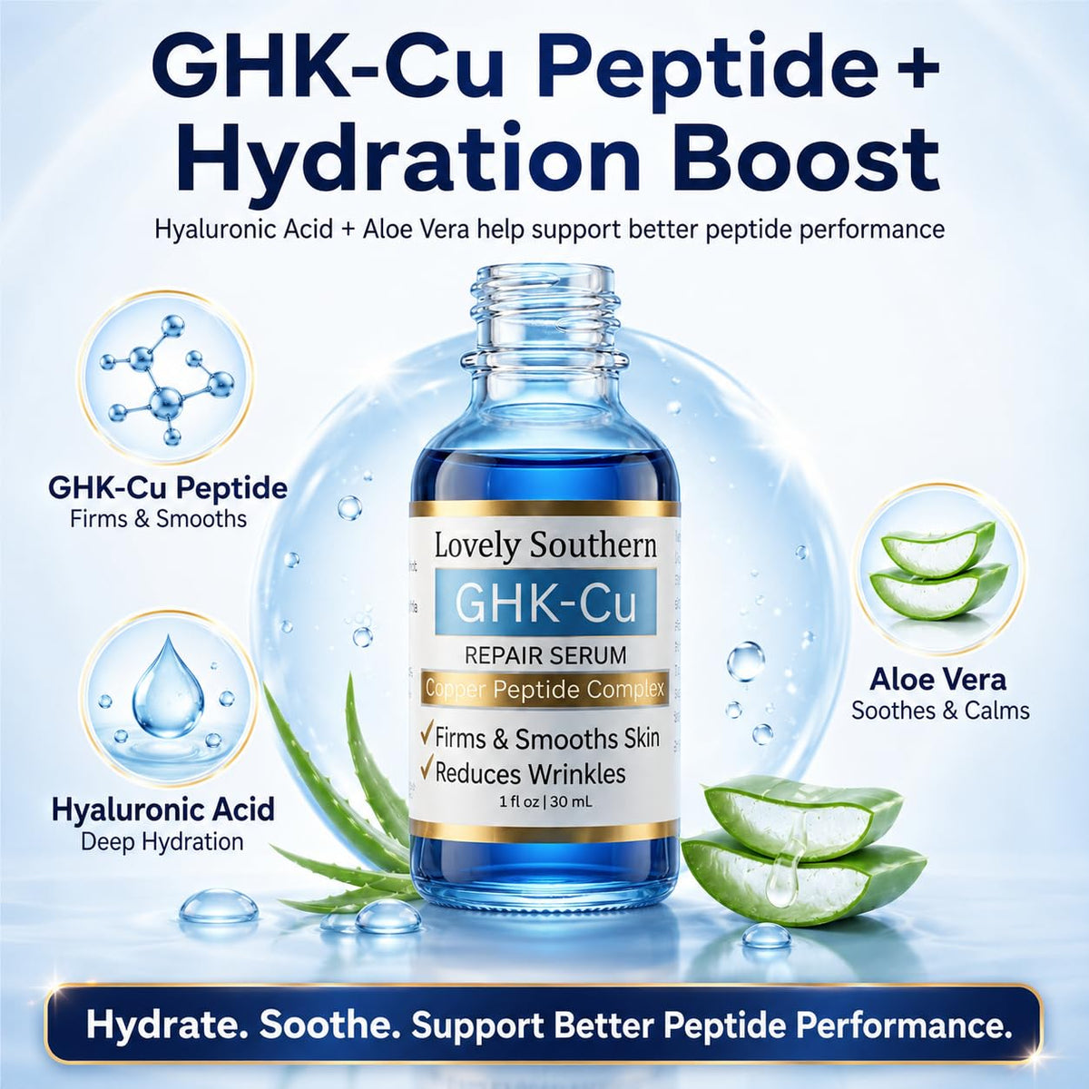 Lovely Southern blue serum texture pooled to show lightweight hydrating consistency