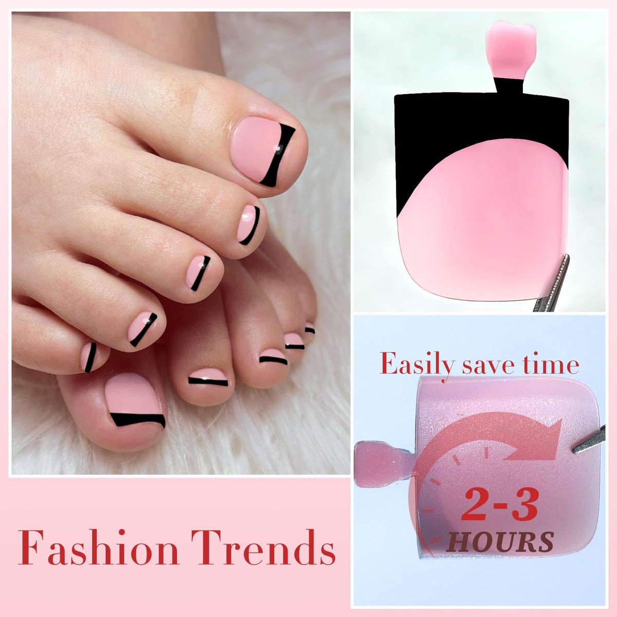 LoveOurHome model applying a press-on toe nail for quick pedicure