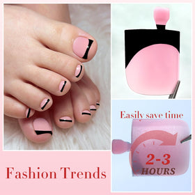 LoveOurHome model applying a press-on toe nail for quick pedicure