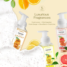 LOVERY five pumps displayed on bathroom counter illustrating coordinated scents and attractive storage solution