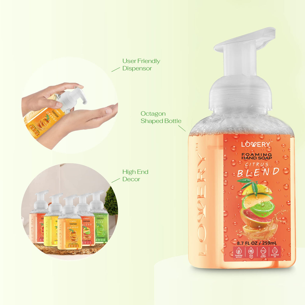 LOVERY close-up of foaming soap texture demonstrating creamy lather and moisturizing feel for soft hands