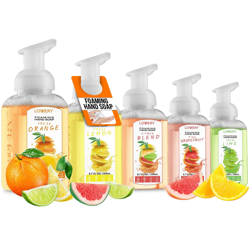 LOVERY front packaging showing five foaming soap pumps and citrus labels for quick identification and convenience