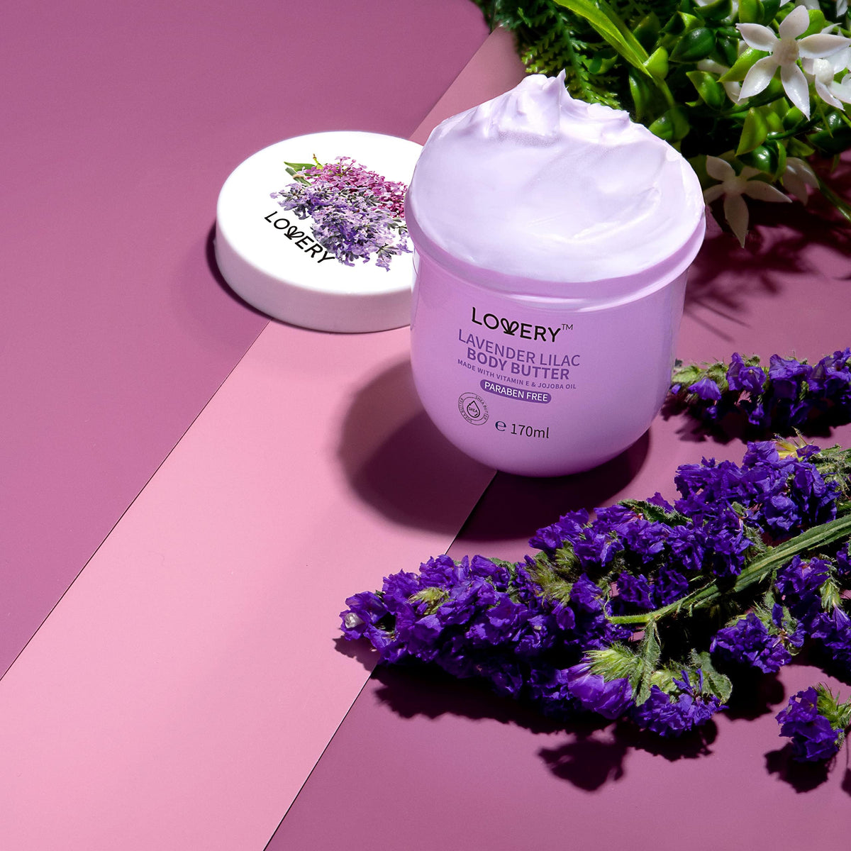 LOVERY open jar with gentle fragrance steam, conveys calming lavender benefit