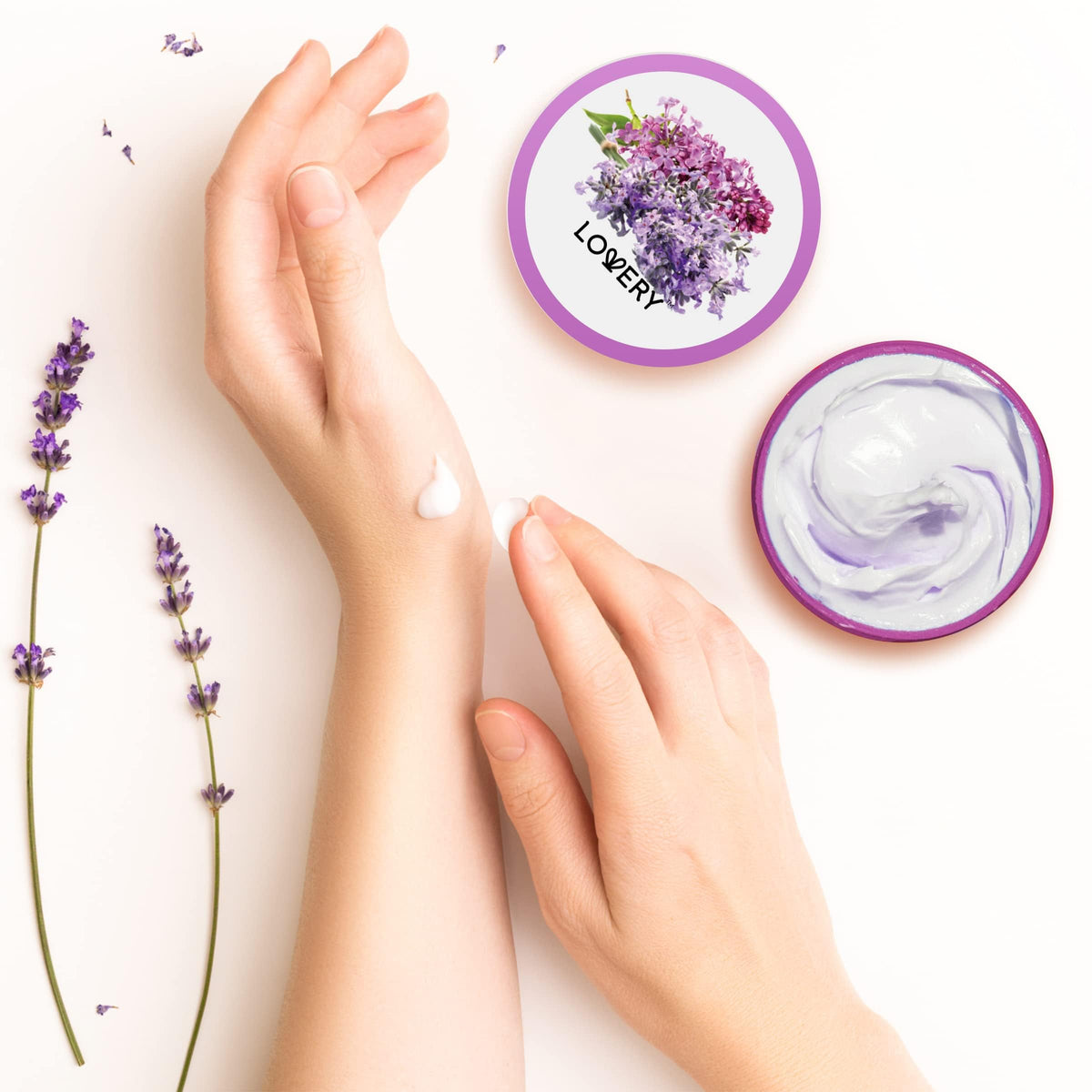 LOVERY ingredient label close-up, communicates shea, jojoba and vitamin E benefits