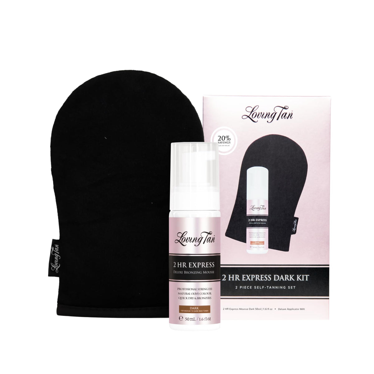 Loving Tan front packaging showing compact travel kit and benefits