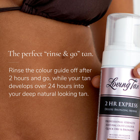 Loving Tan applied to leg in bathroom showing even natural finish