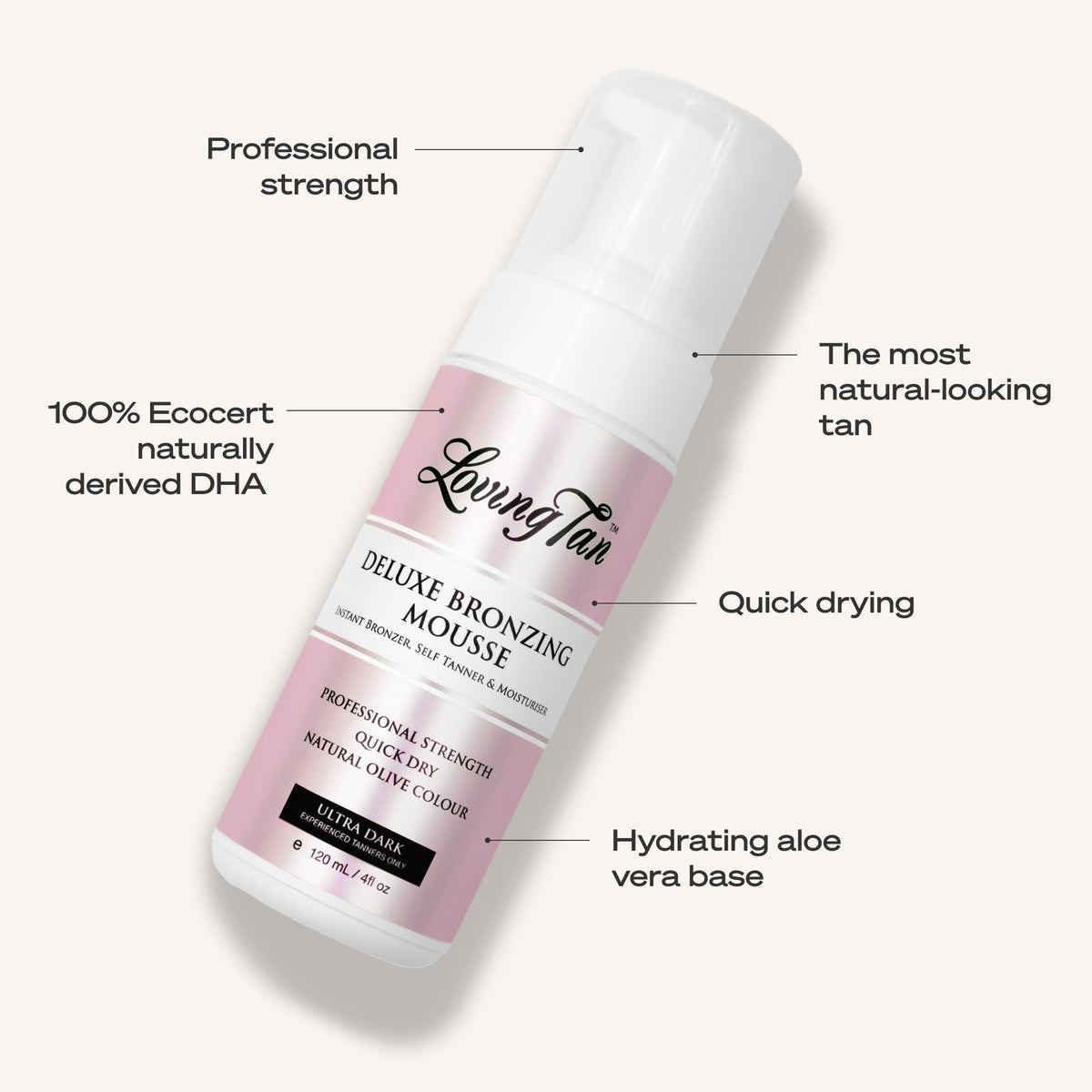 Loving Tan bottle in hand showing 4 fl oz size and travel-friendly benefit