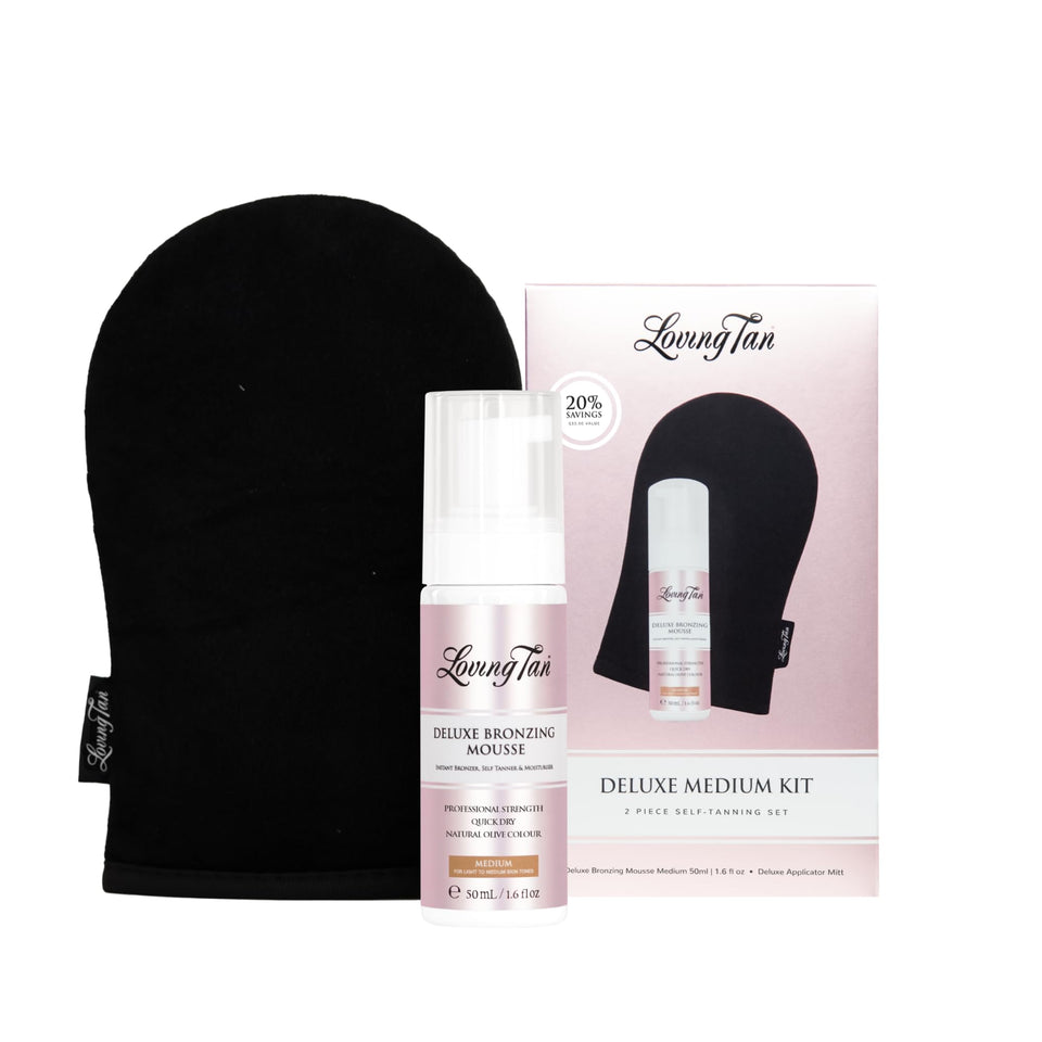 Loving Tan front packaging showing mini mousse bottle and travel-ready size benefit