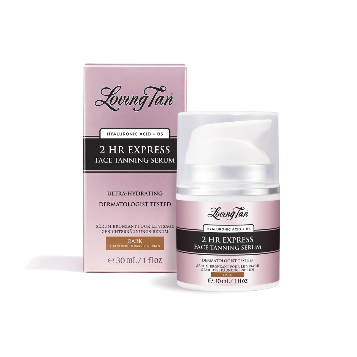 Loving Tan front packaging showing serum bottle and branding for quick recognition and trust