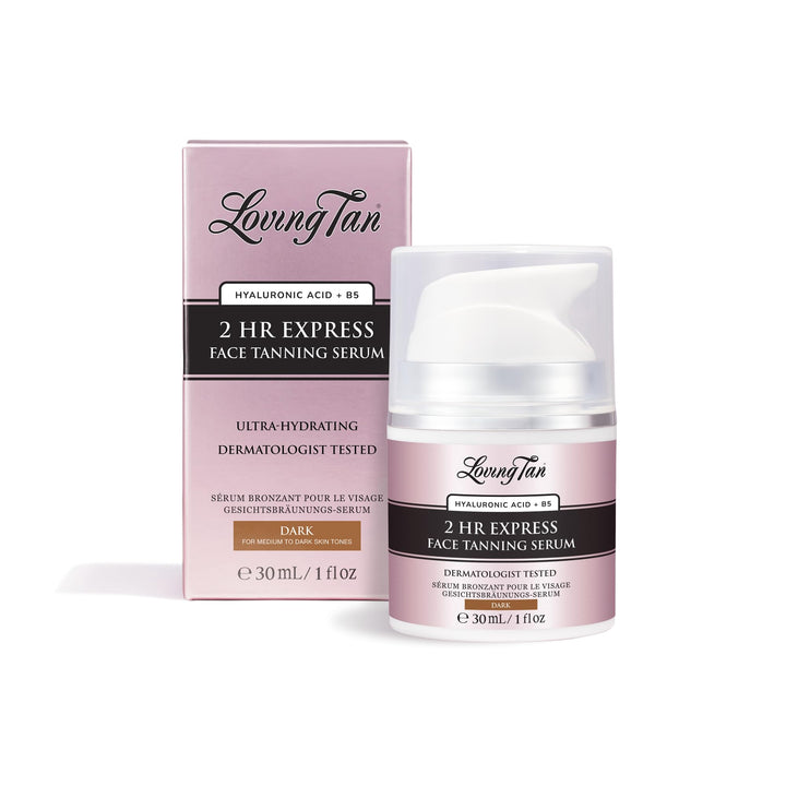 Loving Tan front packaging showing serum bottle and branding for quick recognition and trust