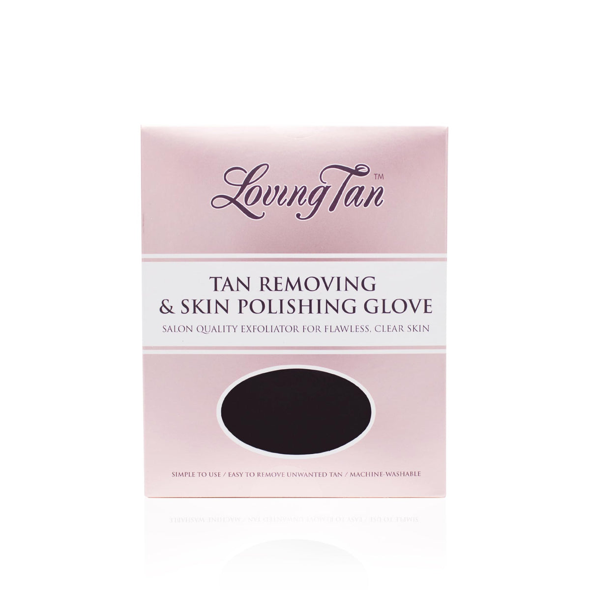 Loving Tan mitt front packaging showing reusable exfoliation glove benefit