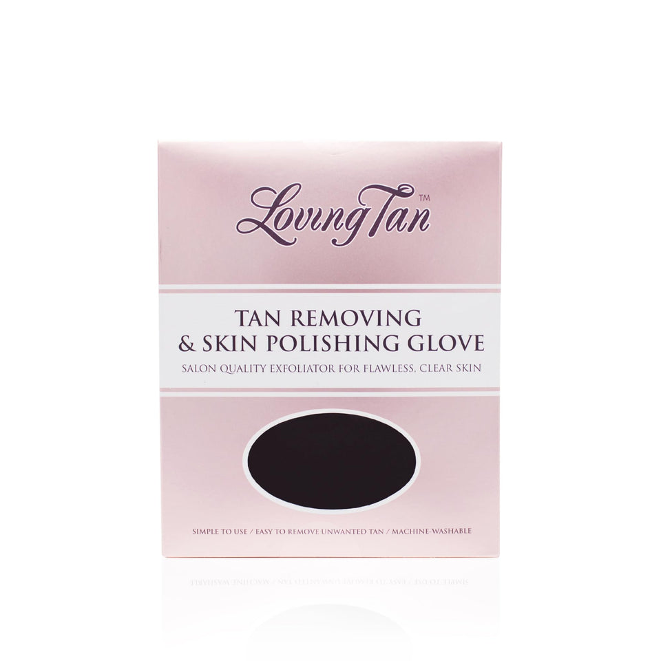 Loving Tan mitt front packaging showing reusable exfoliation glove benefit