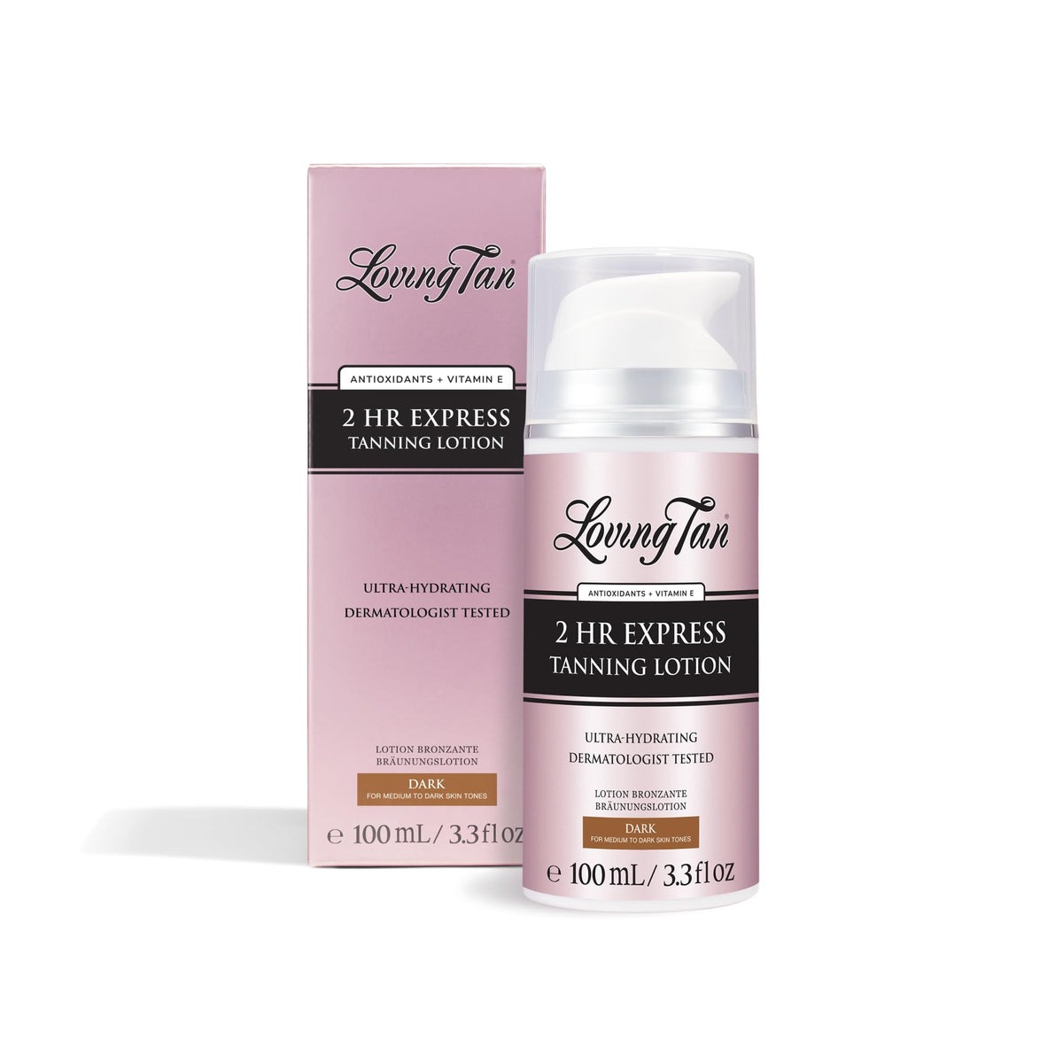 Loving Tan front packaging of dark 2 hr express lotion showing product benefits