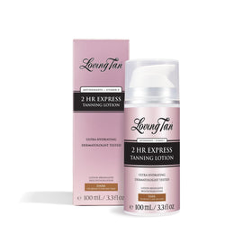 Loving Tan front packaging of dark 2 hr express lotion showing product benefits