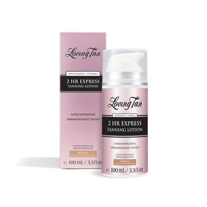 Loving Tan front packaging showing medium lotion and benefits